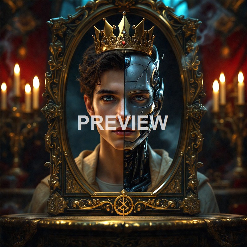 A woman is looking into an ornate mirror that is split down the middle, with one side showing her natural face and the other side revealing a robotic, cyborg-like appearance, set against a dimly lit background with candles.